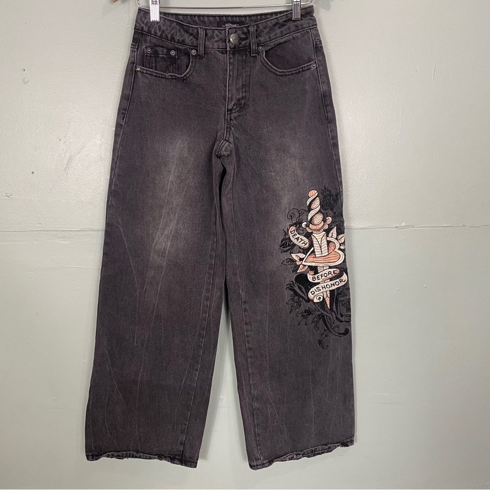 Ed Hardy Loose Wide Leg Jeans Death Before Dishonor Patch Logo Black Women Sz 24